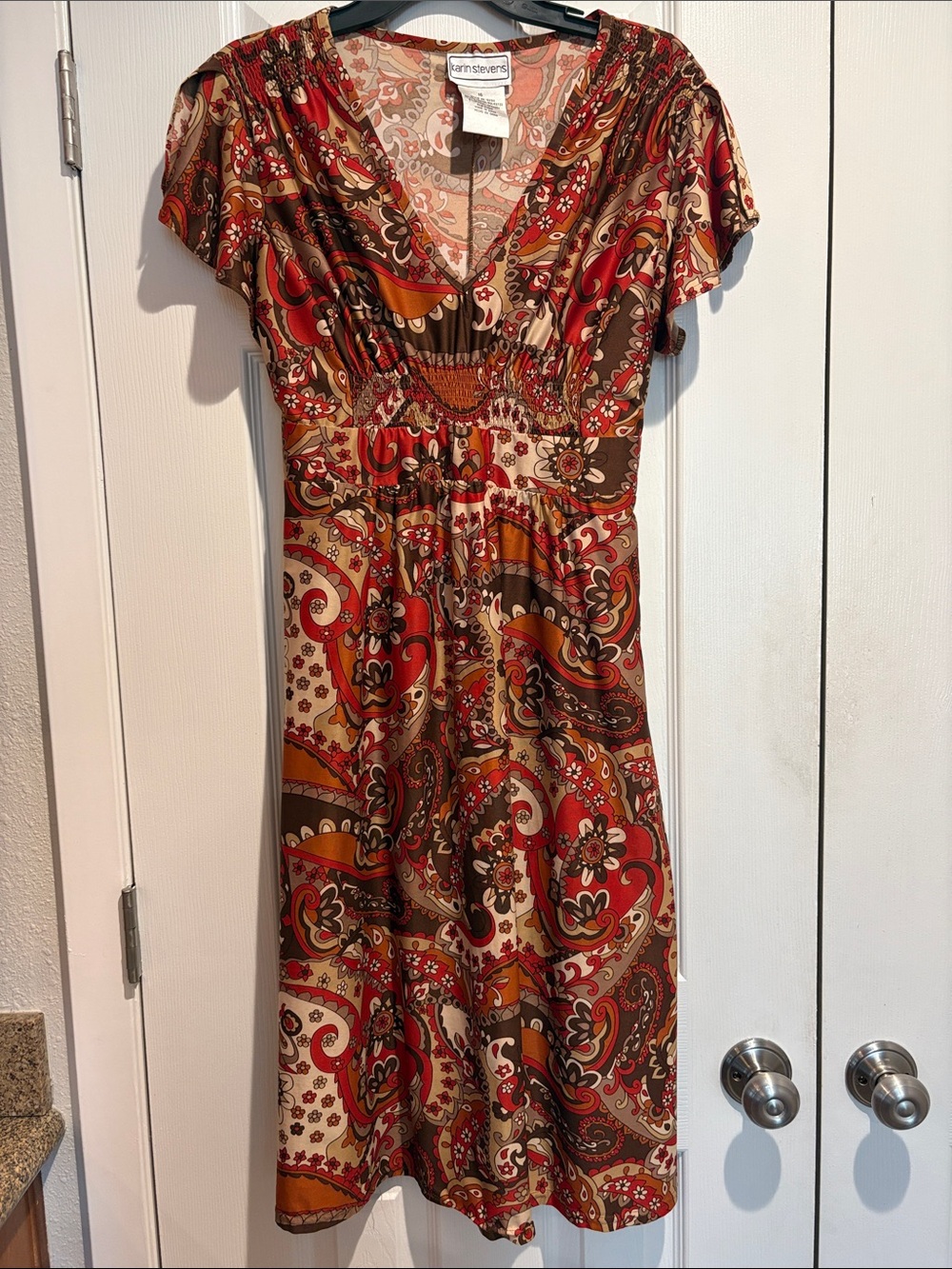 1970s Vintage Karin Steven’s Paisley Orange and Brown Dress - Size 16